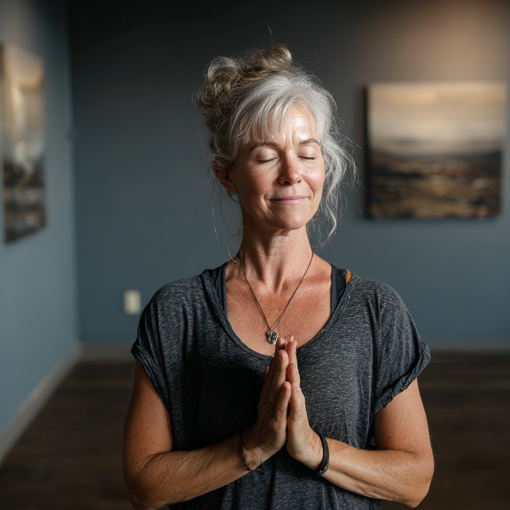 Experienced middle-aged yoga instructor in peaceful studio setting