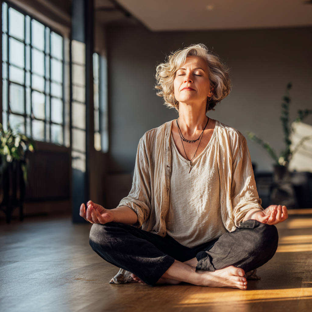 Middle-aged woman practicing meditation in peaceful studio environment